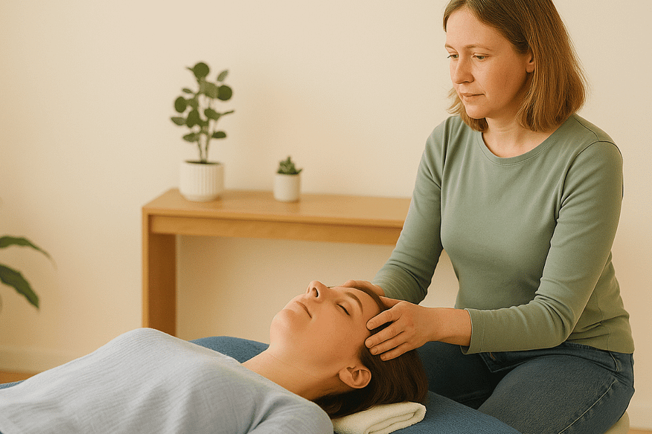 A holistic practitioner in a sage top and jeans sits on a stool while gently holding a client’s head during an Access Bars session in a calm, plant-filled therapy room.
