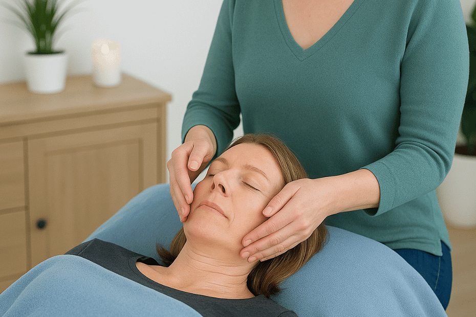 A woman receives an Access Energetic Facelift treatment, lying under a blue blanket as the practitioner in a sage top and jeans gently holds her face in a bright, calming therapy room.