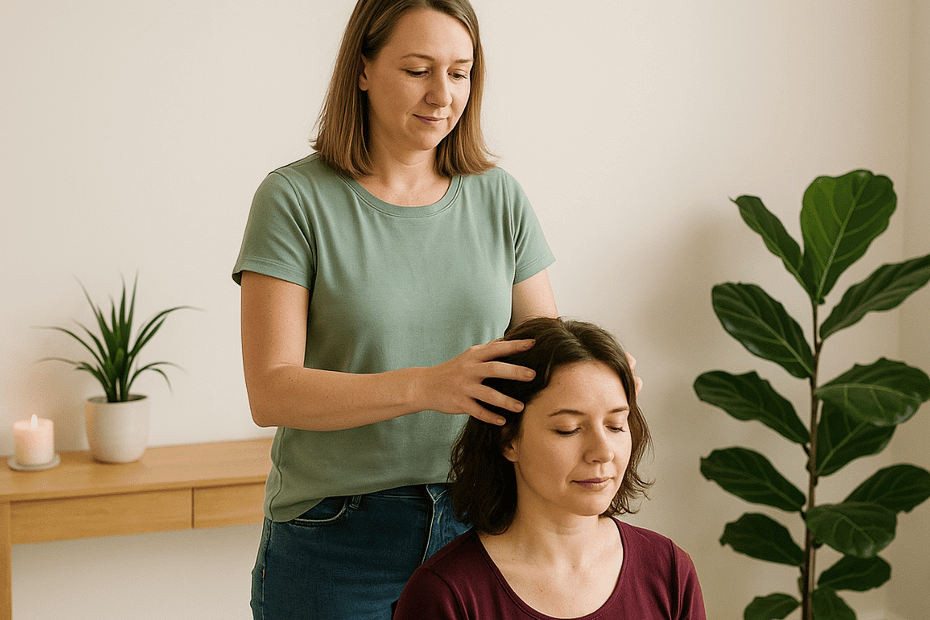 A holistic practitioner in a sage green top and jeans stands behind a seated client, gently massaging her scalp during an Indian Head Massage in a light, plant-filled therapy room.